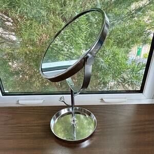Vintage Chrome Vanity Mirror with Rhinestone Accents and Jewelry Tray – 11”
